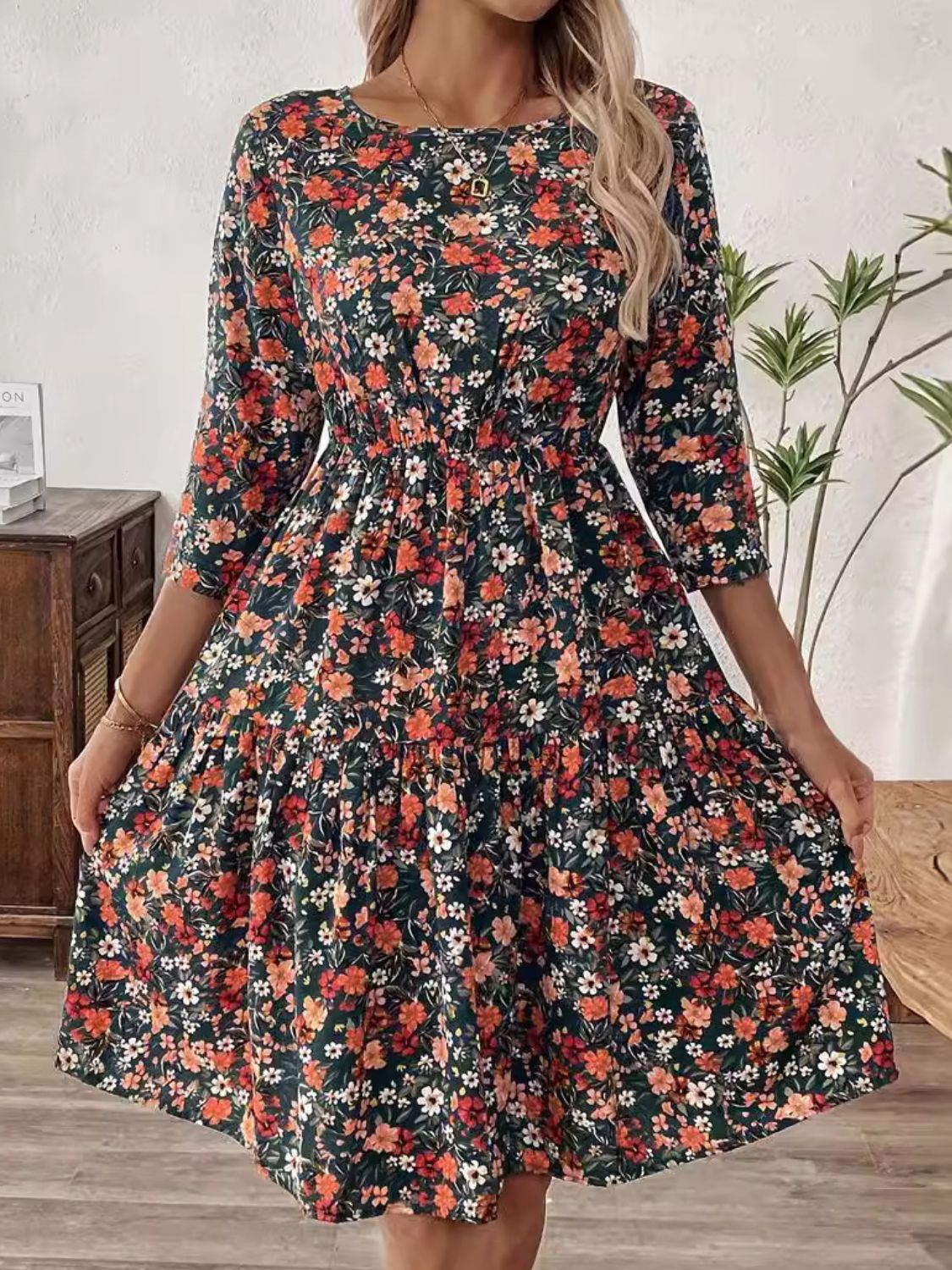 Frill Floral Round Neck Dress